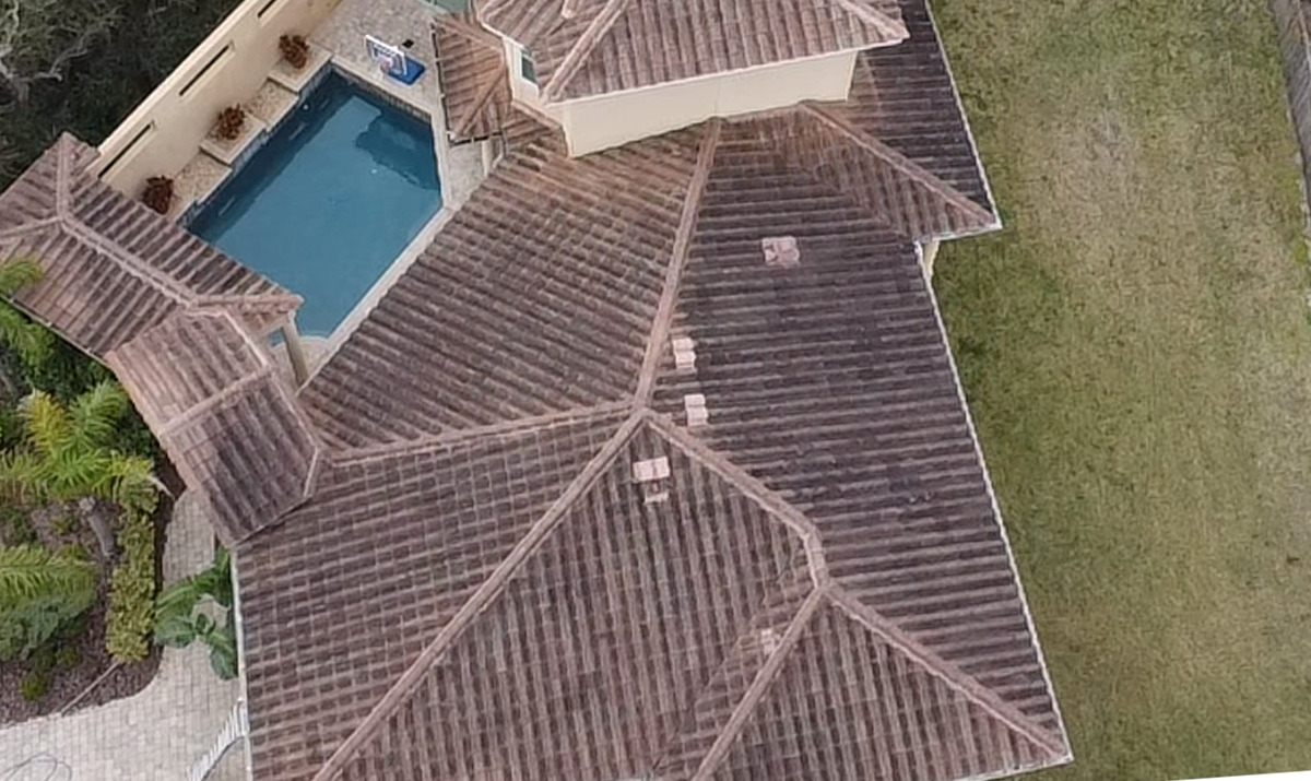 Roof before professional soft wash cleaning