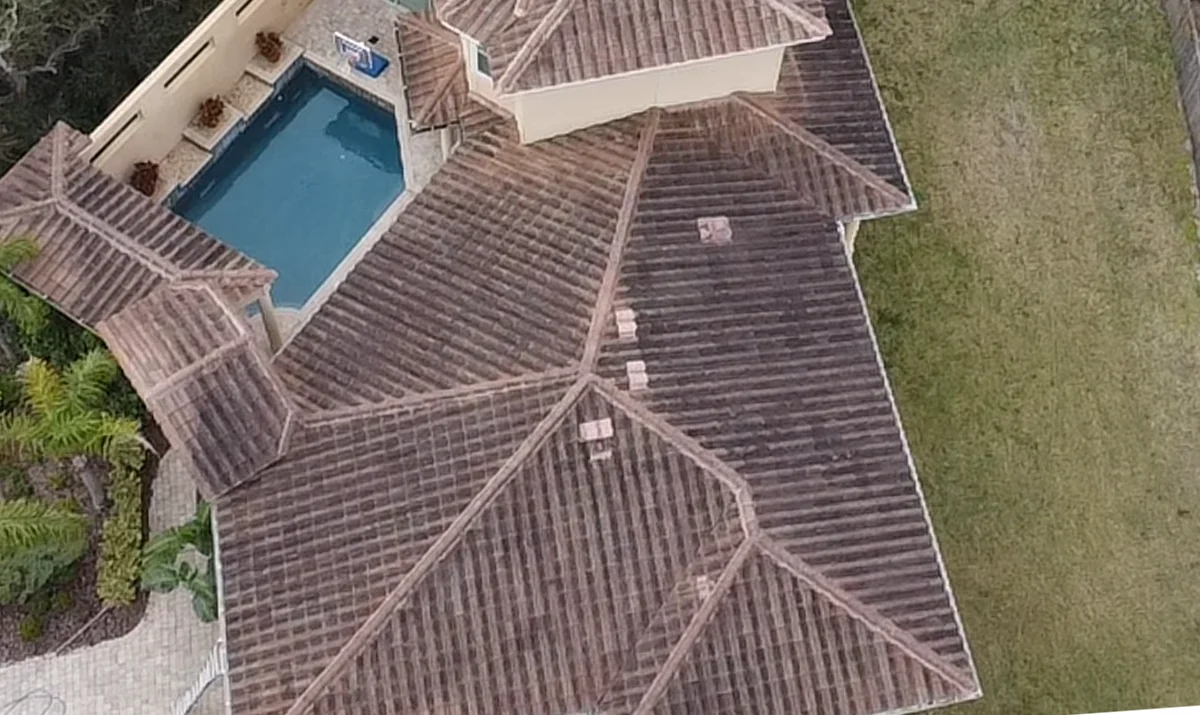 Roof before professional soft wash cleaning