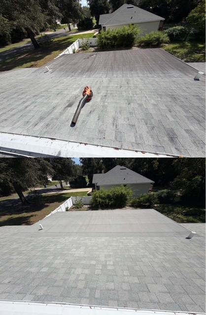 Shingle roof before and after washing, shown top and bottom
